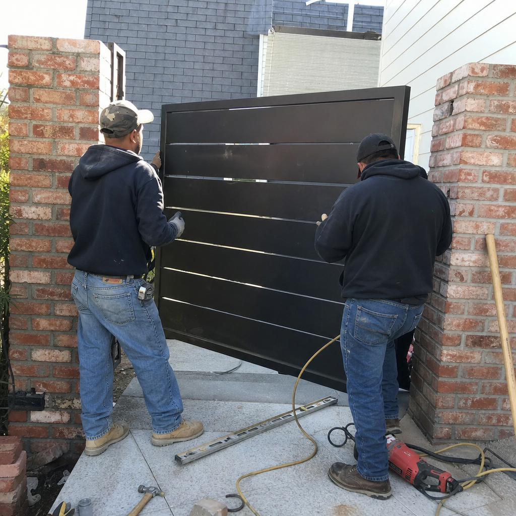Two professionals installing a modern black metal privacy gate