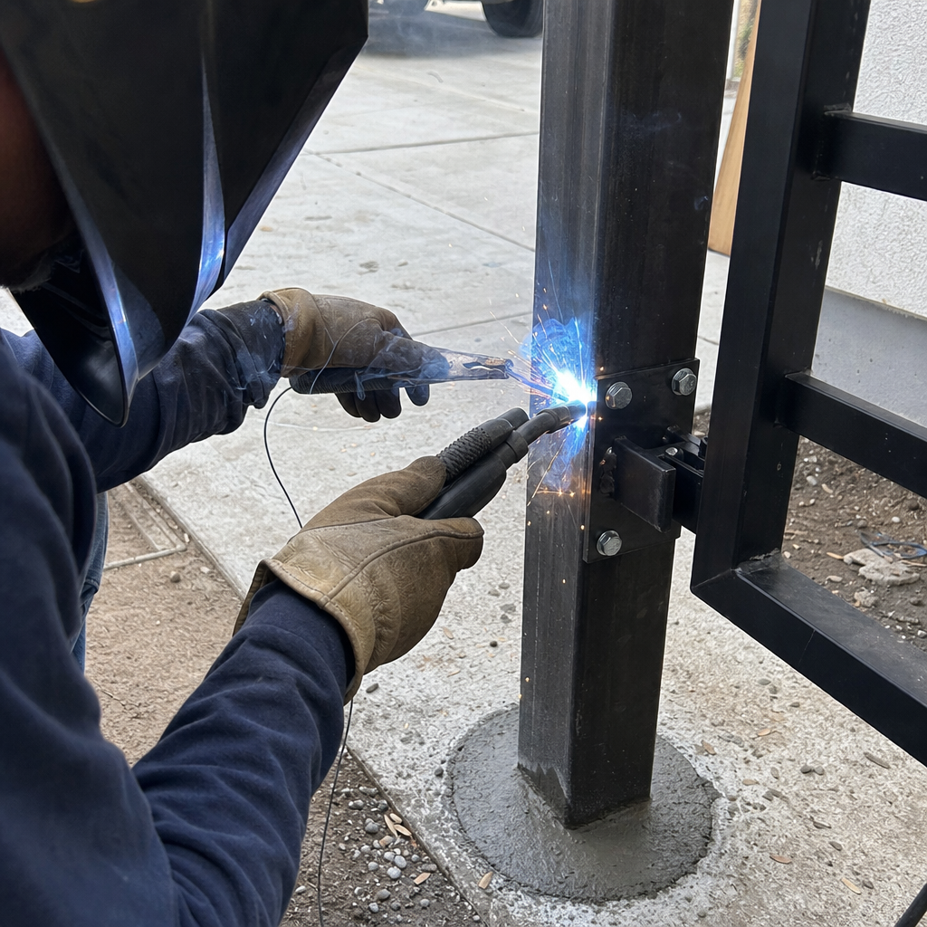 Professional welder performing metal gate installation and repair