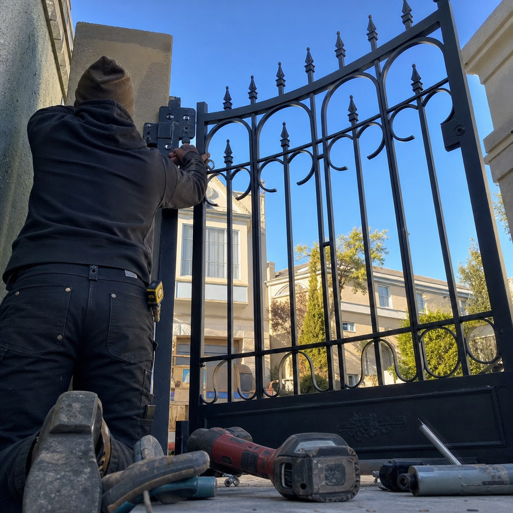 Professional contractor installing a custom wrought iron gate outdoors