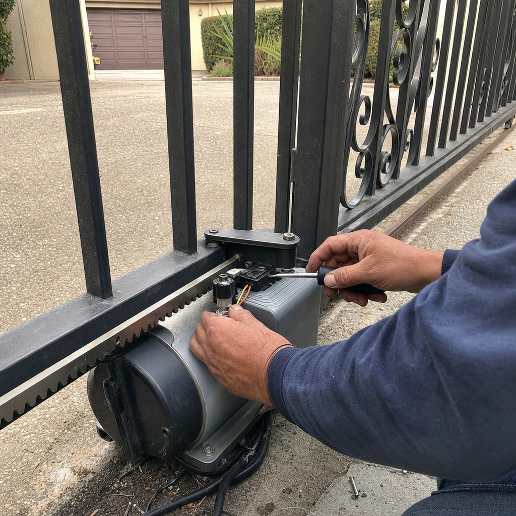 Professional technician repairing a sliding driveway gate motor and opener system.