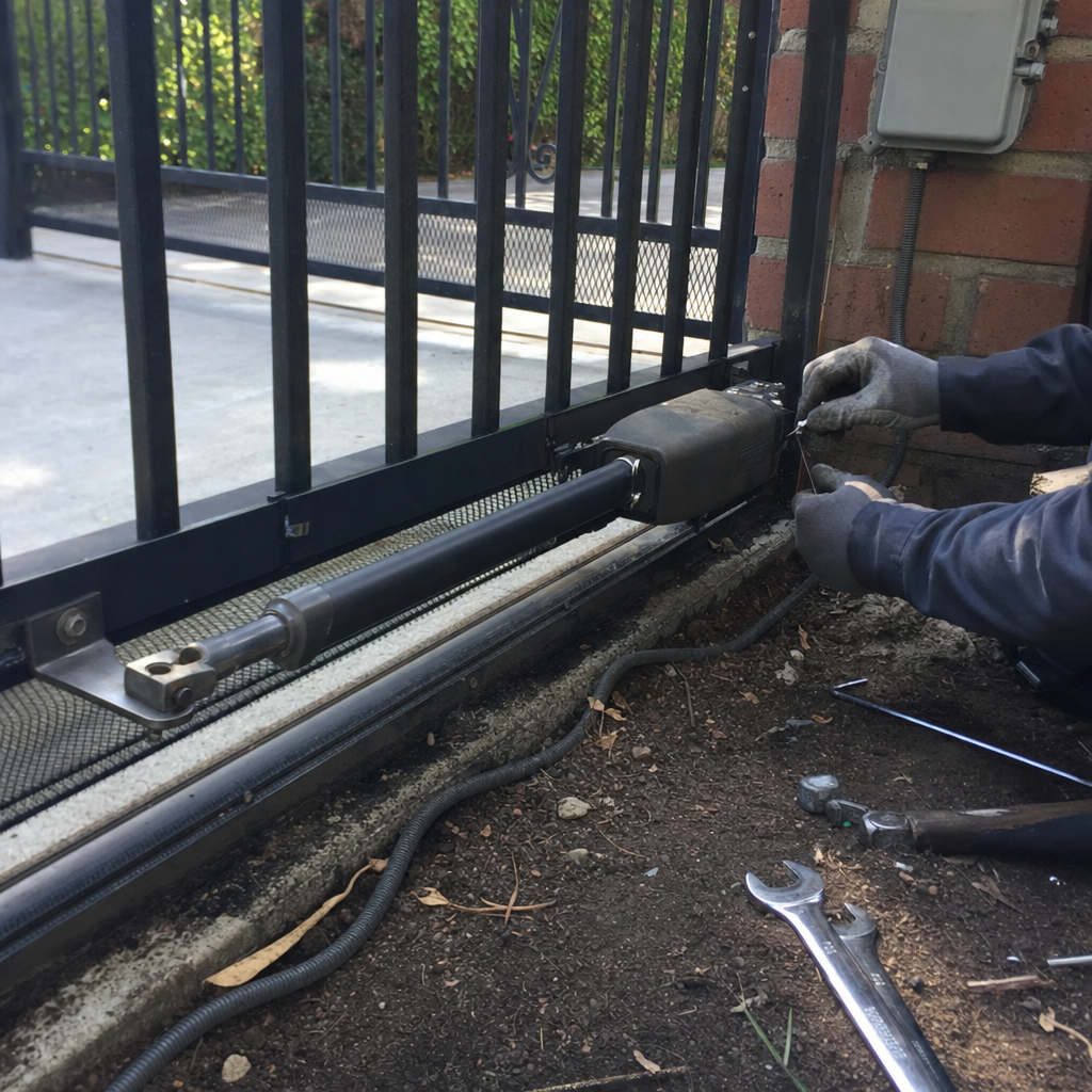 Technician repairing an automatic gate opener motor