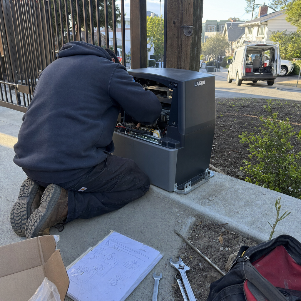Technician performing professional electric gate motor repair and maintenance