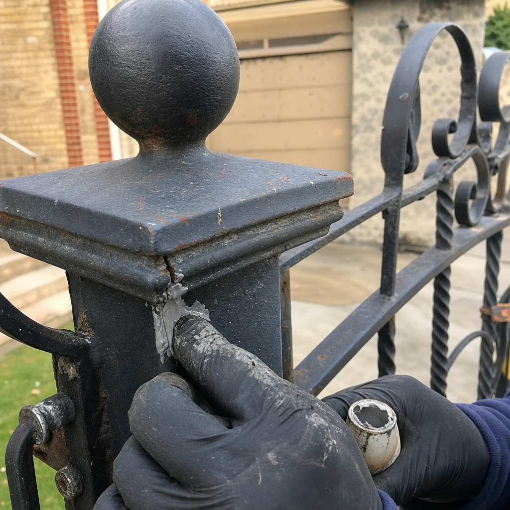 professional repairing a cracked decorative iron fence post with sealant