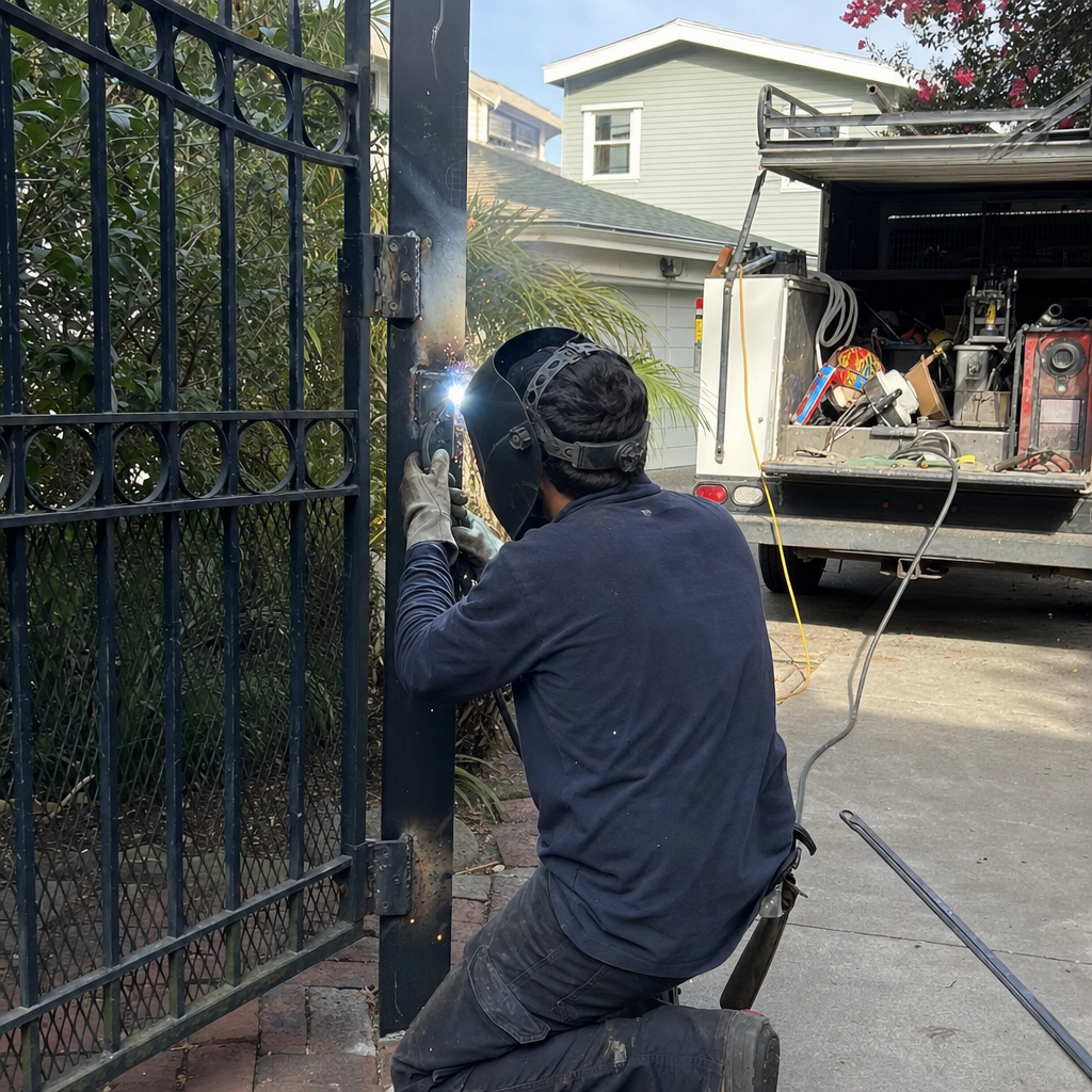 Professional welder performing on-site decorative metal gate repair services.