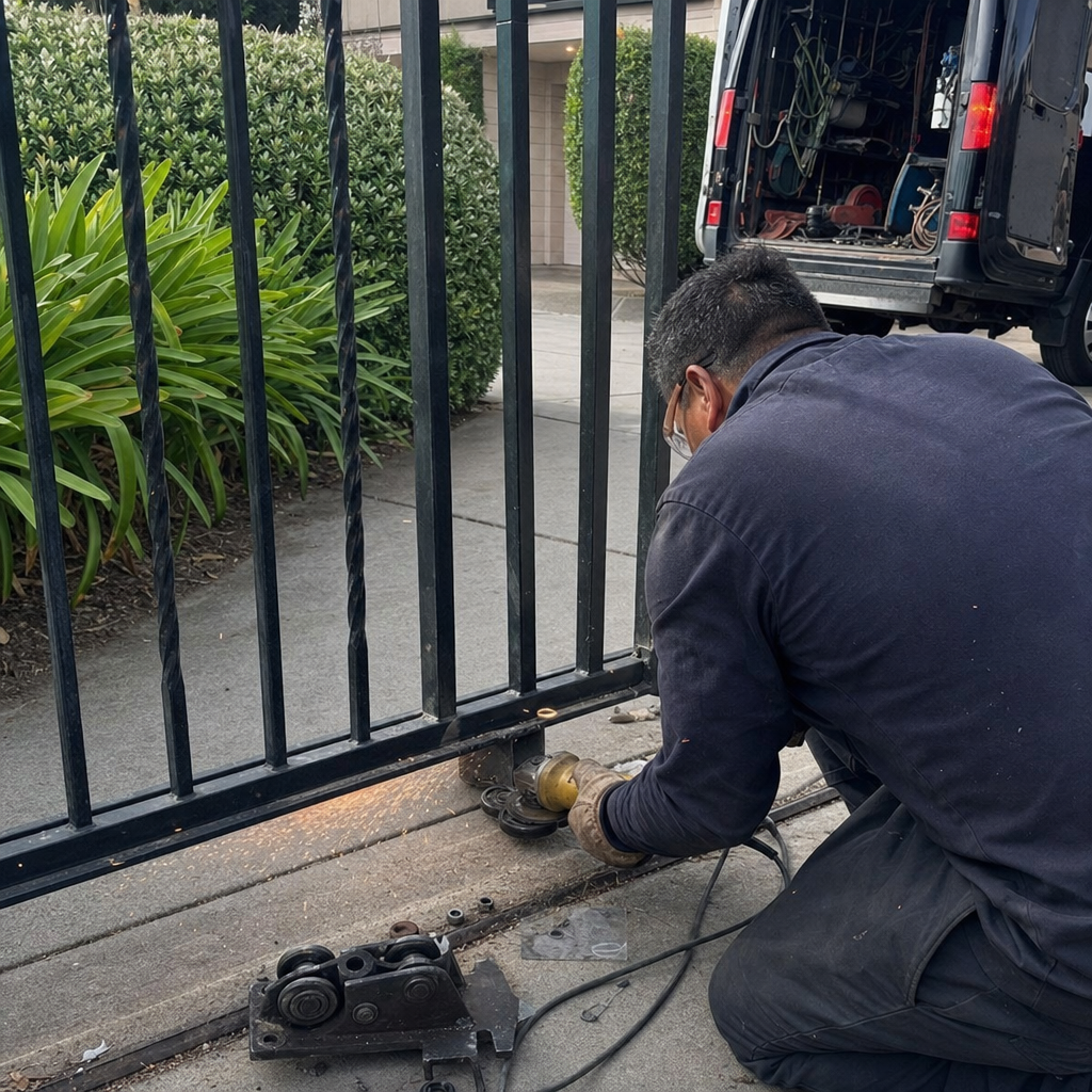 Technician using an angle grinder to repair a metal driveway gate