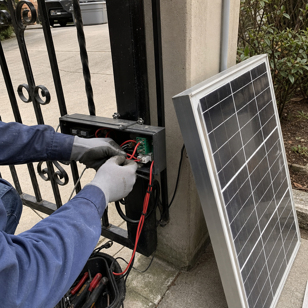 Technician performing gate access control repair with a solar panel system in San Francisco, CA