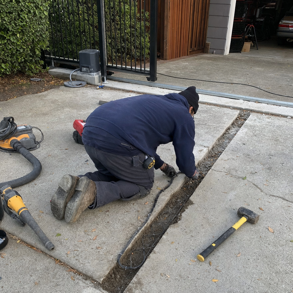 Technician installing gate access control wiring on concrete driveway in San Francisco, CA