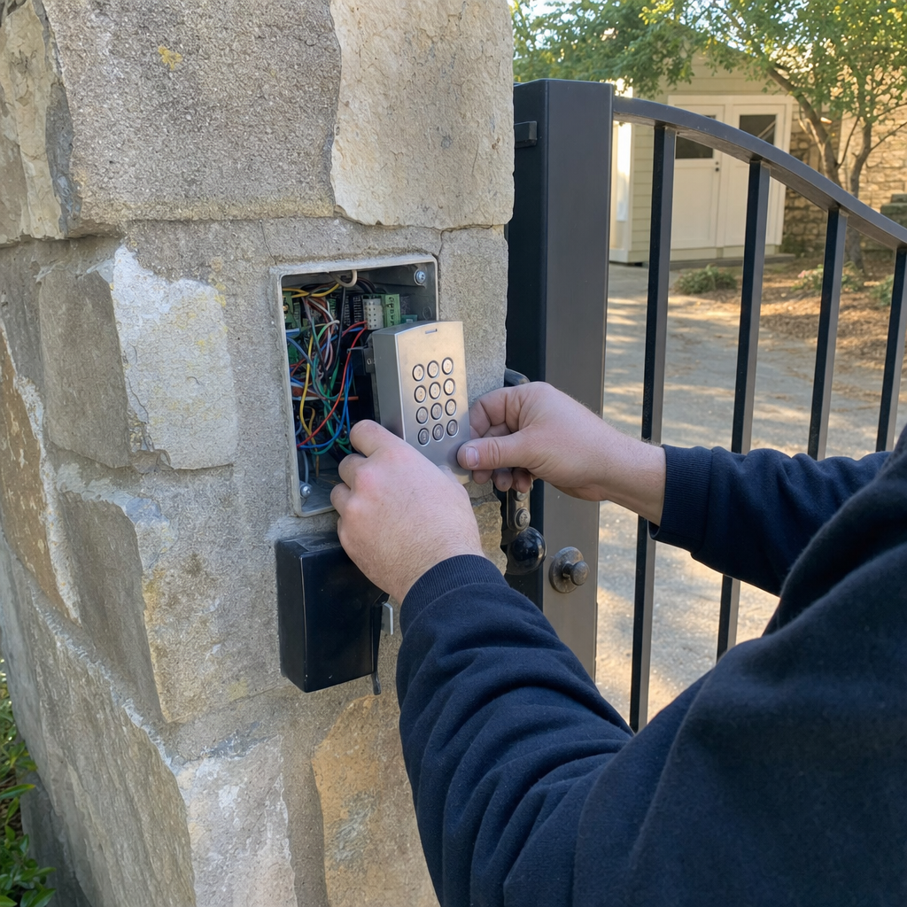 Technician performing professional gate access control system installation and repair in San Francisco, CA