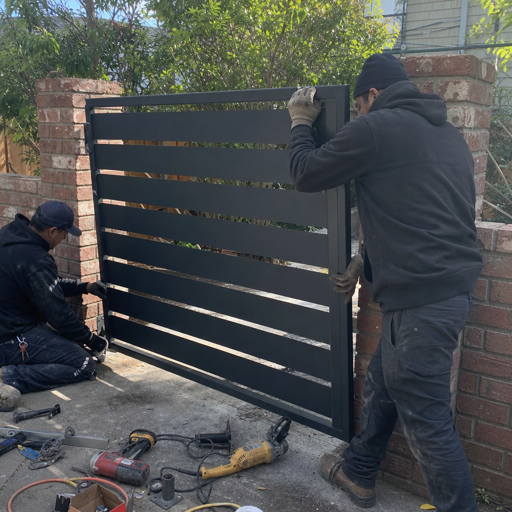 Two professional technicians installing a modern metal gate between brick pillars