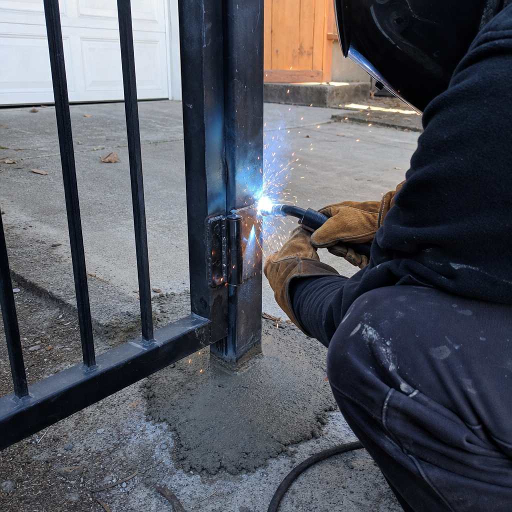 Professional welder performing metal gate installation and repair.