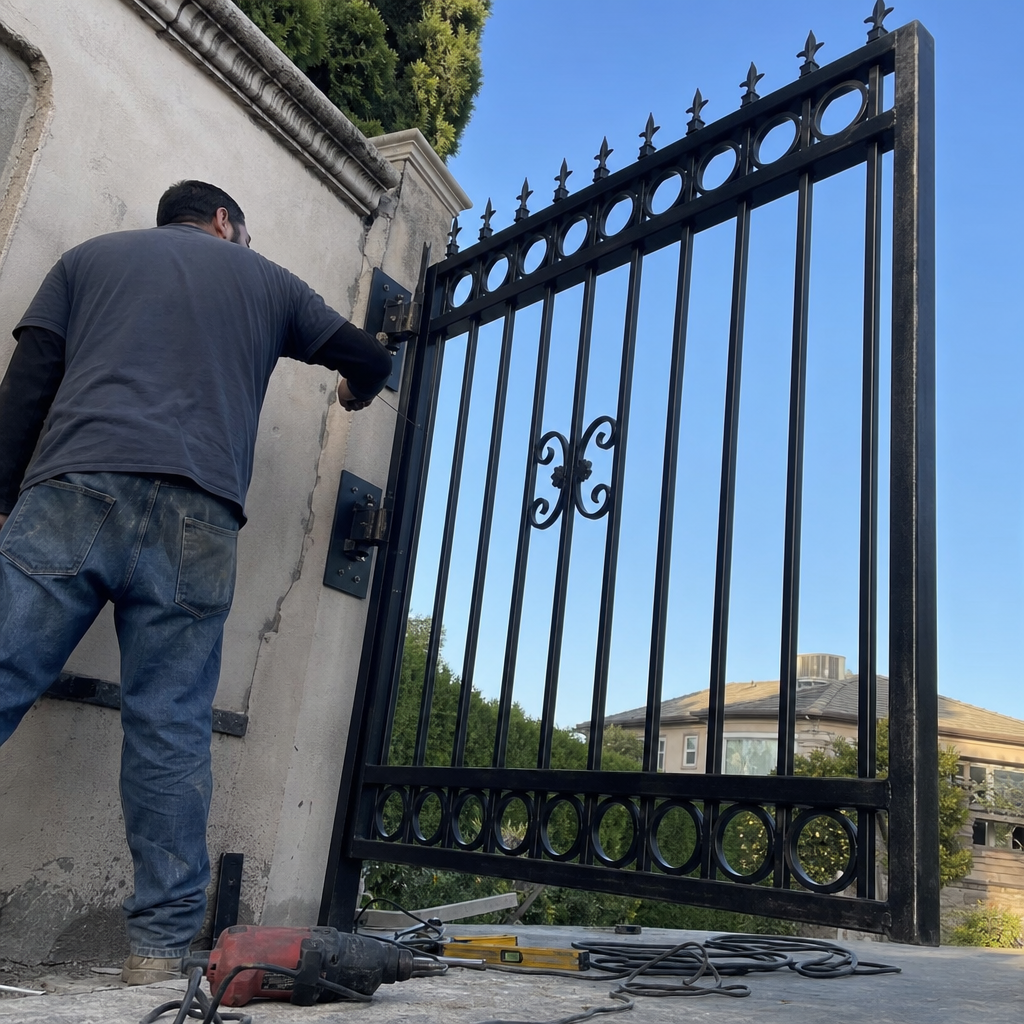 Professional gate installation technician mounting a black metal driveway gate.