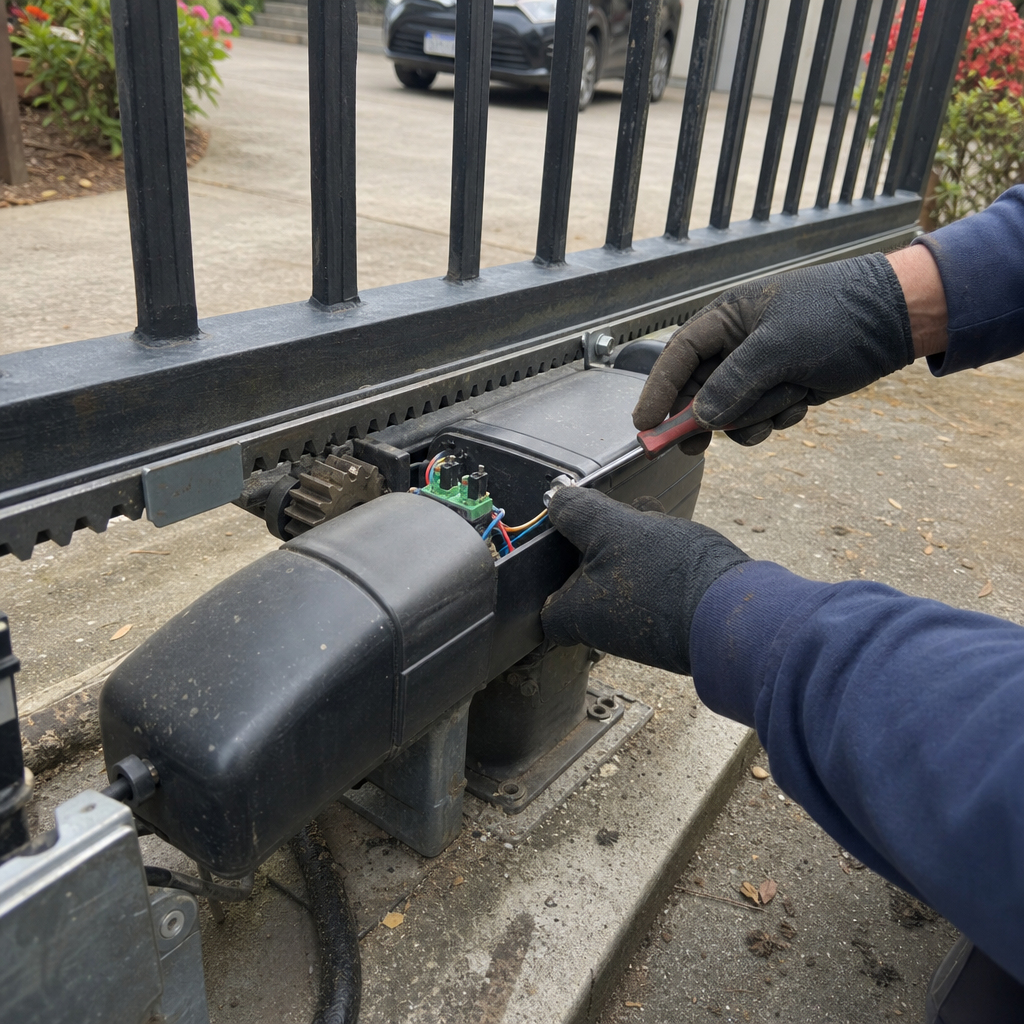 Technician performing automatic sliding gate motor repair and maintenance
