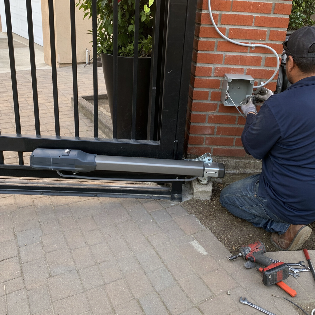 Technician performing professional electric gate motor and opener repair