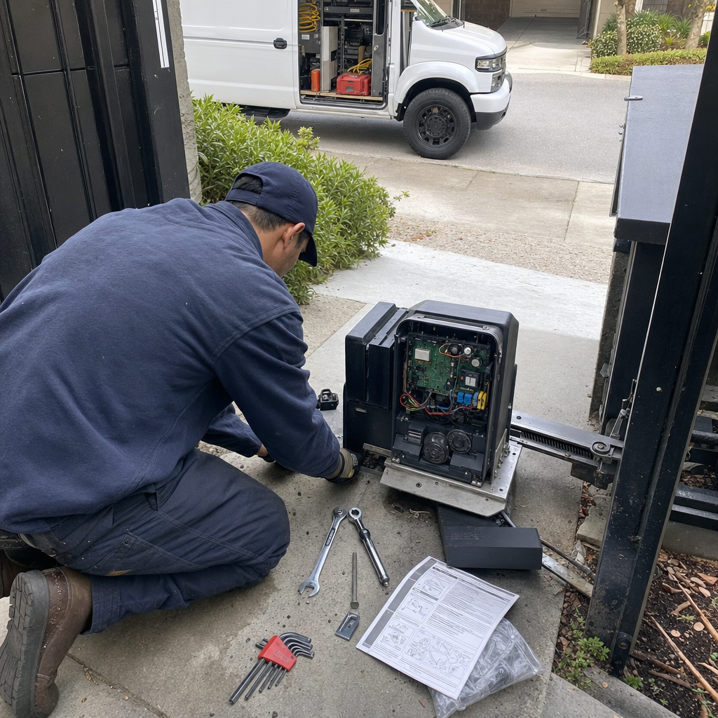 Technician performing professional gate motor and opener repair service
