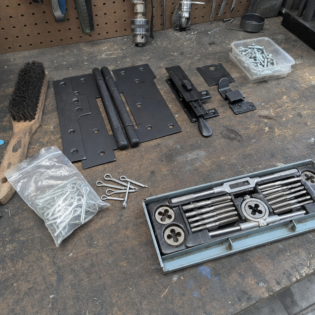 Assorted metal gate hinges and latch hardware on a workshop table in San Francisco, CA