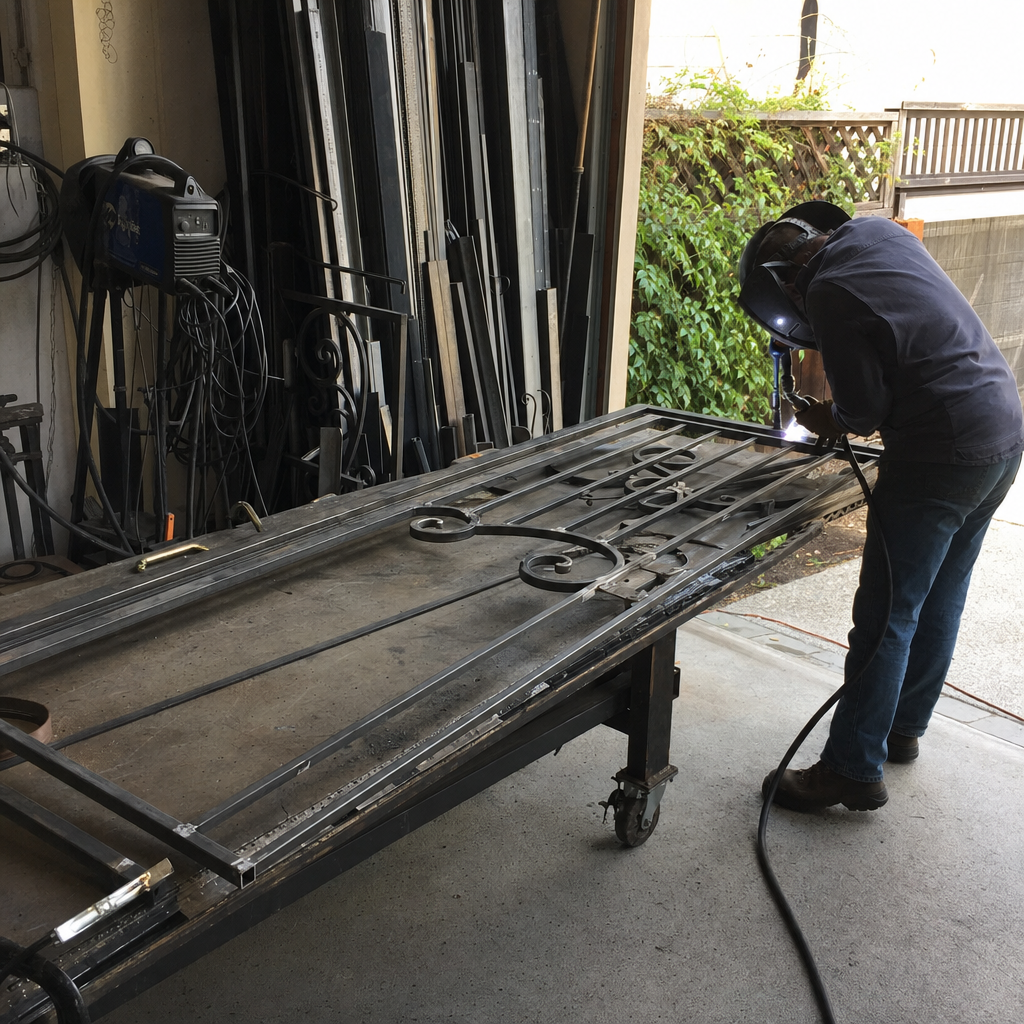 Metalworker performing custom gate parts repair and welding in a shop in Millbrae, CA