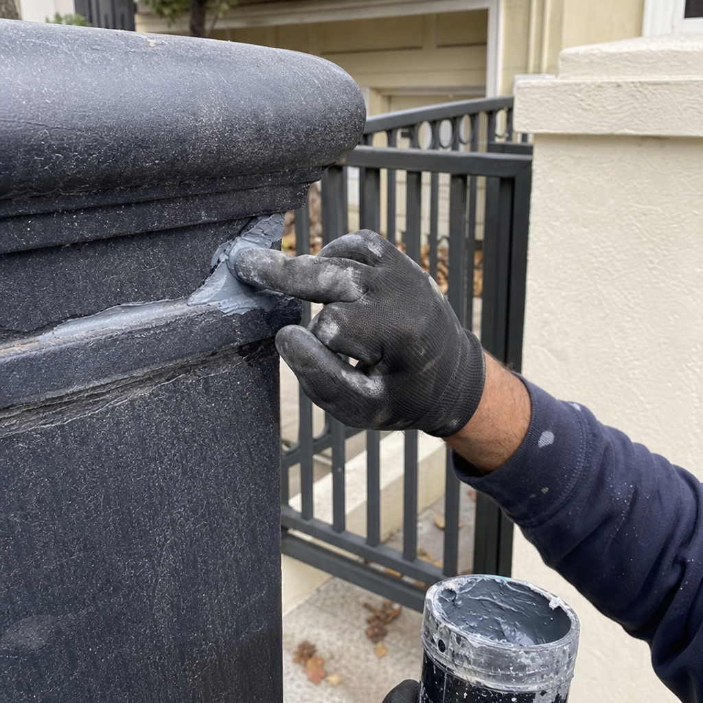 Professional gate repair technician applying sealant to a metal post.