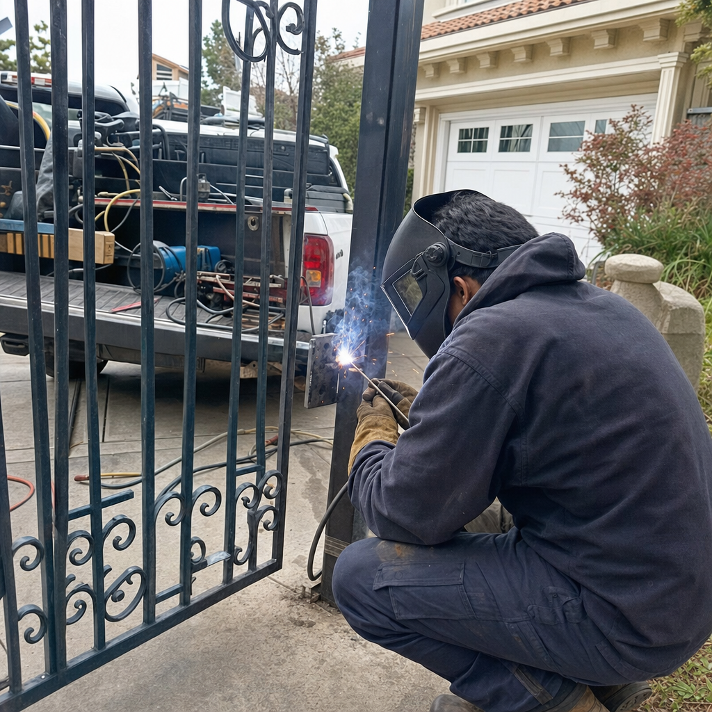 Professional welder performing metal gate repair services at a residential property