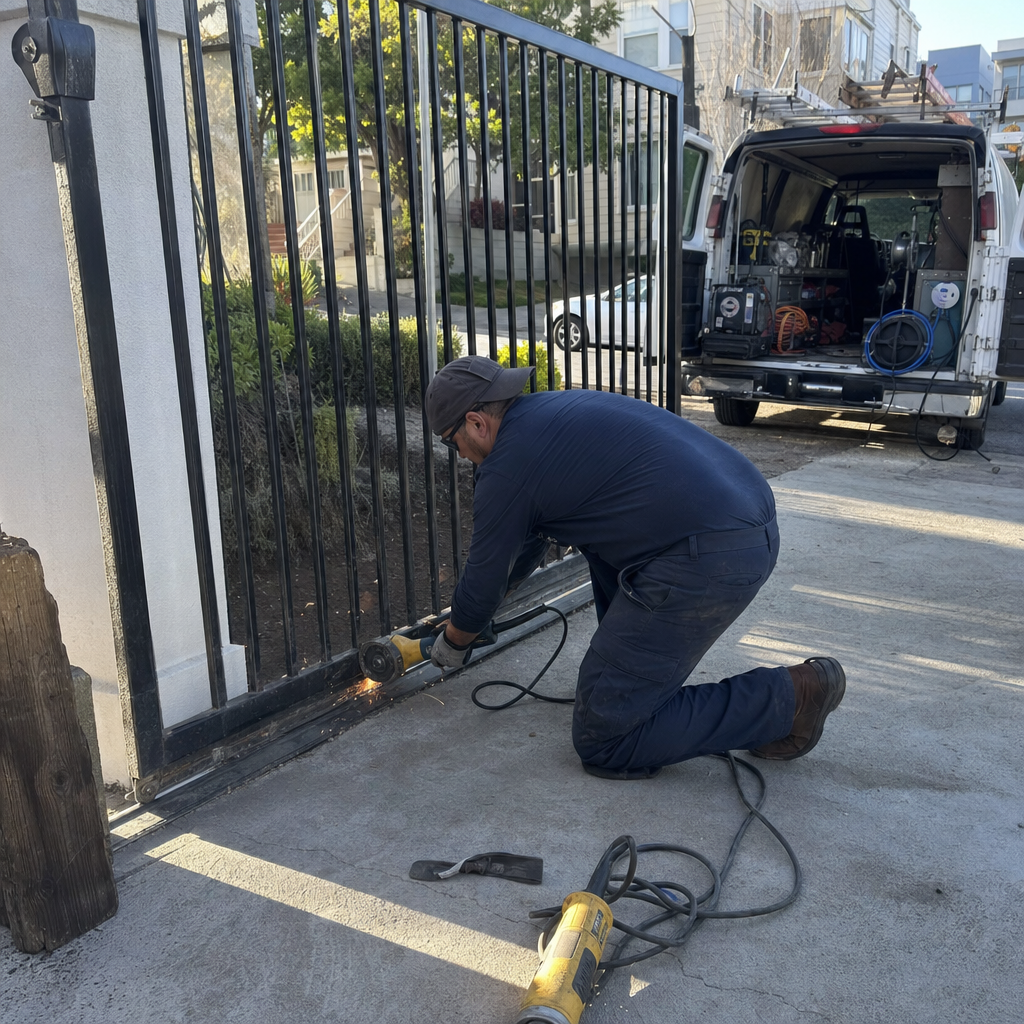 Technician using an angle grinder to repair a metal driveway gate
